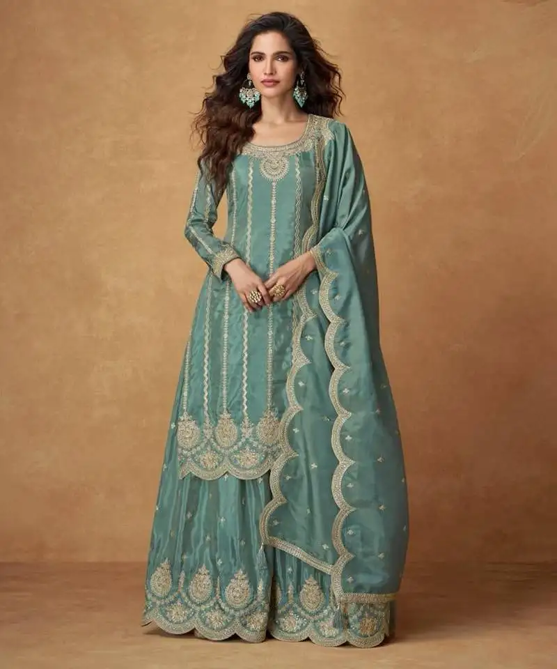 Sea green embroidery & sequins work organza silk straight palazzo - free size stitching (size upto 42") stitched