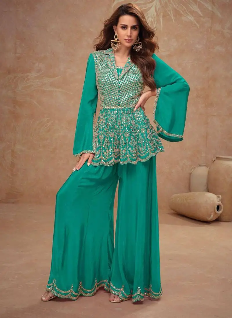 Turquoise embroidery & sequins work chinon anarkali palazzo - free size stitching (size upto 42") stitched