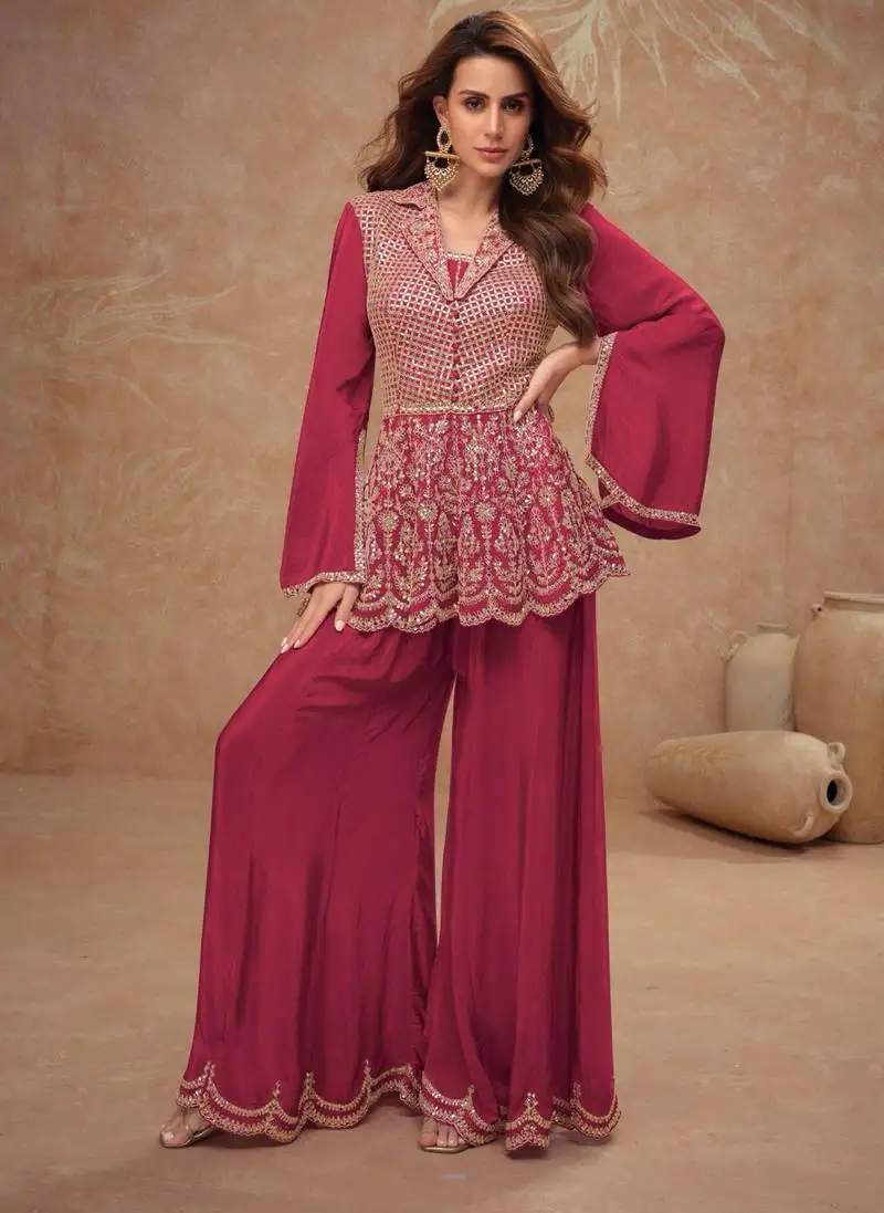 Maroon embroidery & sequins work chinon anarkali palazzo - free size stitching (size upto 42") stitched