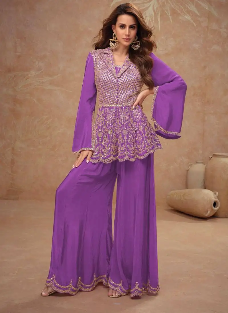 Purpleembroidery & sequins work chinon anarkali palazzo - free size stitching (size upto 42") stitched