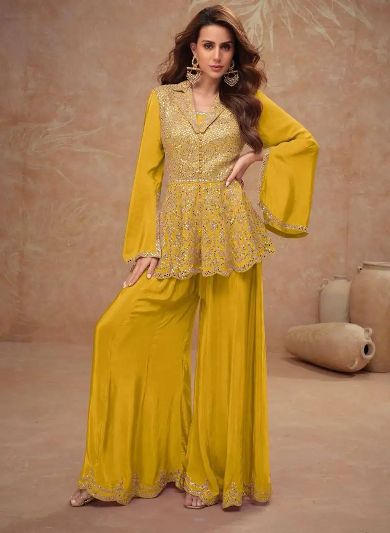 Yellow embroidery & sequins work chinon anarkali palazzo - free size stitching (size upto 42") stitched