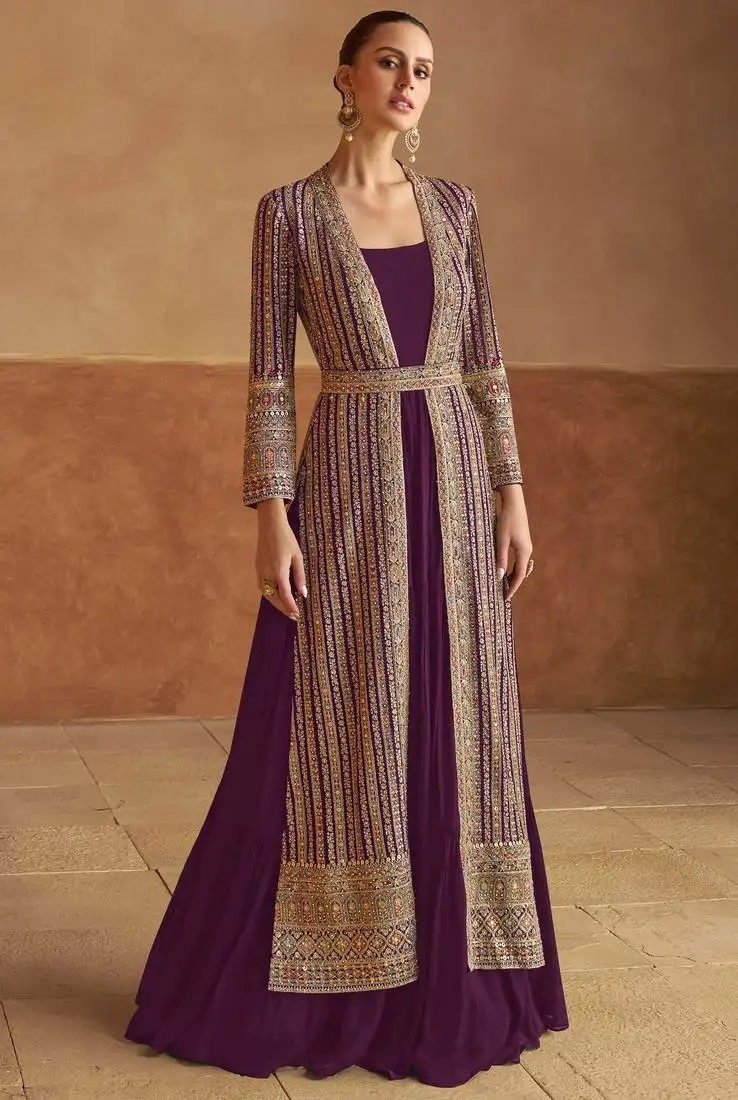 Purple embroidery , sequins & hand work georgette gown - free size stitching (size upto 42") stitched