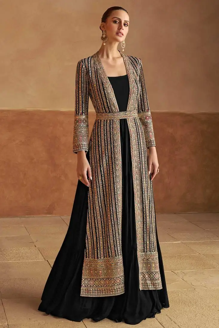 Black embroidery , sequins & hand work georgette gown - free size stitching (size upto 42") stitched