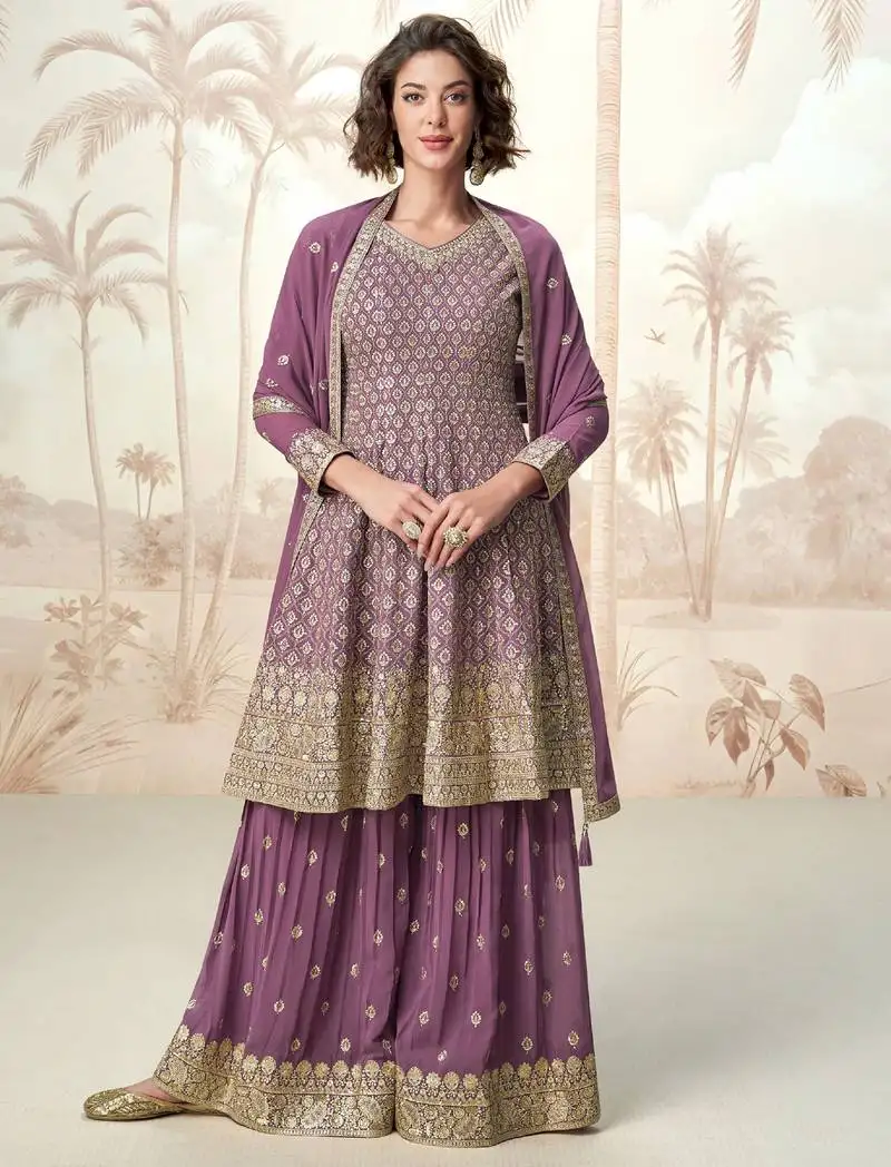Lilac embroidery & sequins work georgette anarkali palazzo- free size stitching (size upto 42") stitched