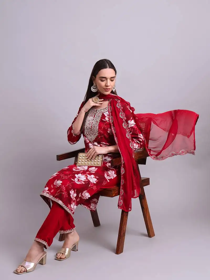 Maroon cotton floral printed & embroidery work kurta with trousers & dupatta set