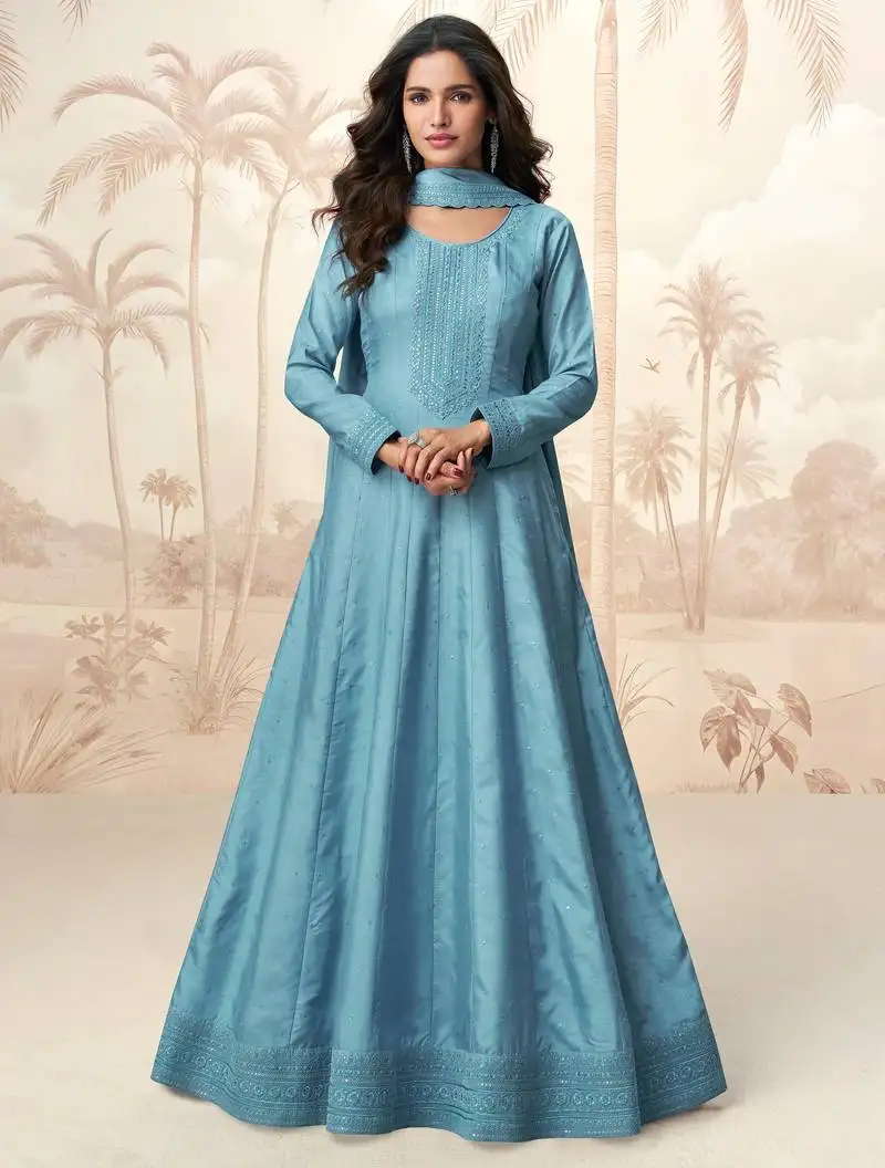 Blue embroidery & sequins work silk gown- free size stitching (size upto 42") stitched
