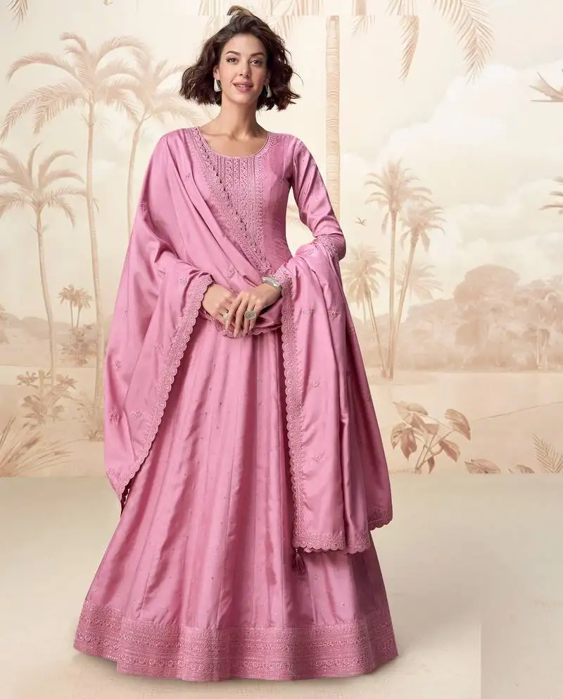 Pink embroidery & sequins work silk gown- free size stitching (size upto 42") stitched