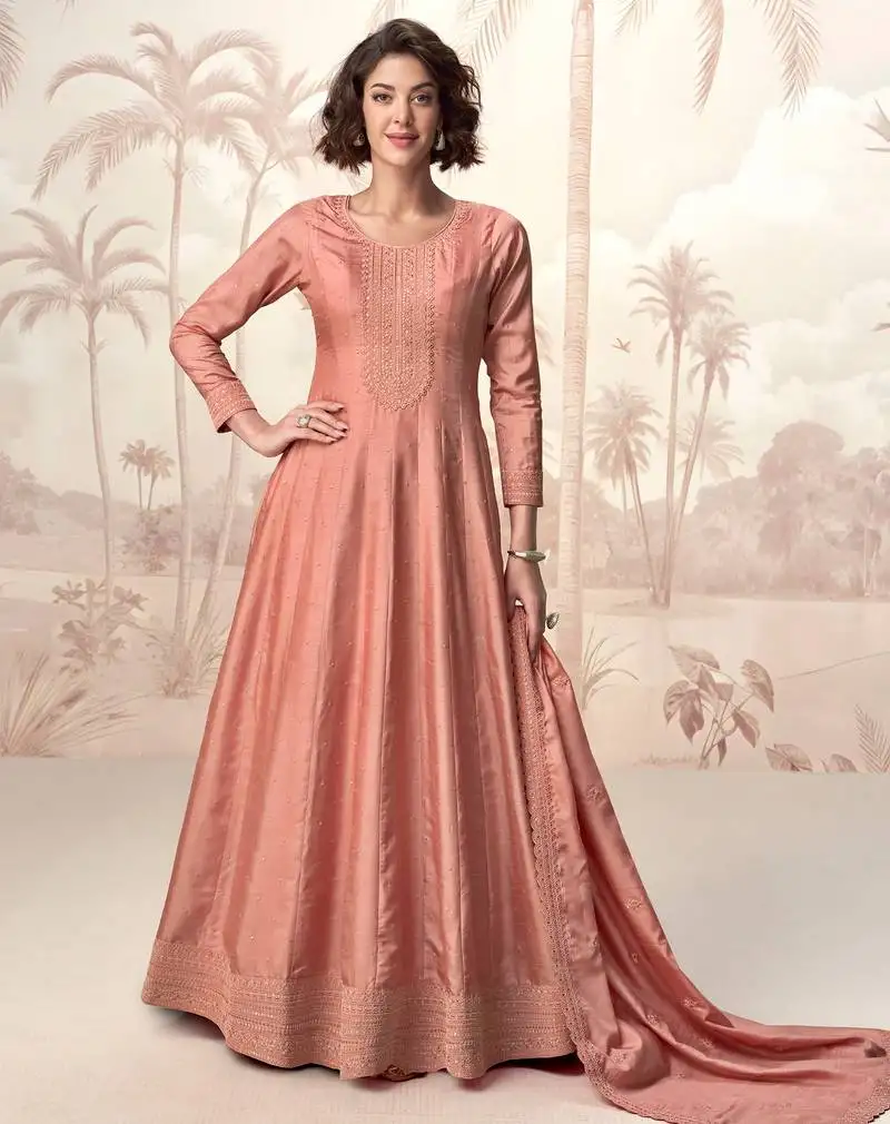 Peach embroidery & sequins work silk gown- free size stitching (size upto 42") stitched