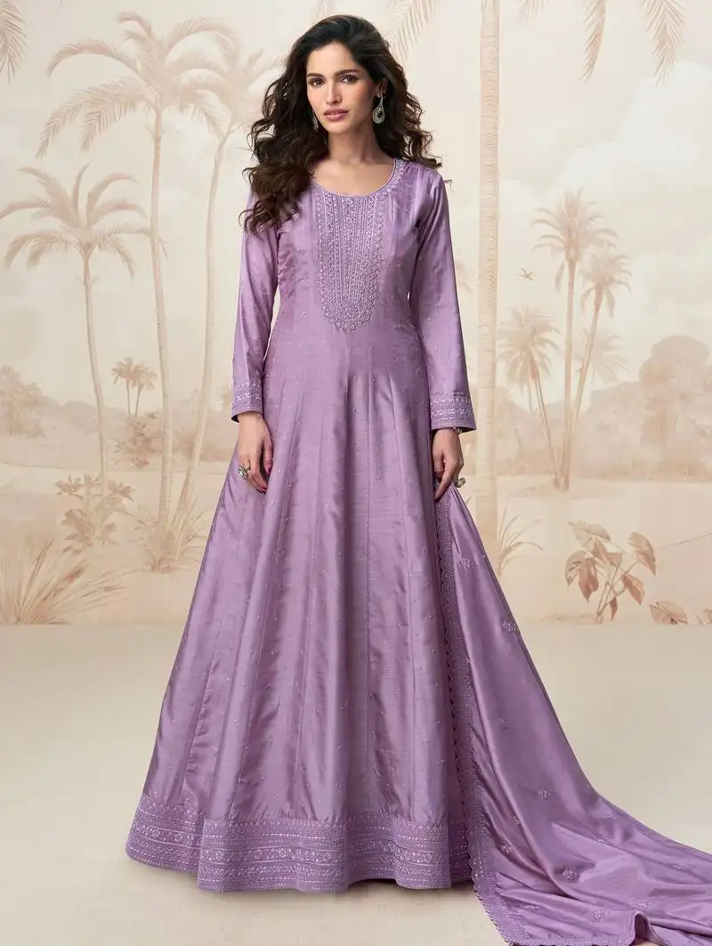Lilac embroidery & sequins work silk gown- free size stitching (size upto 42") stitched
