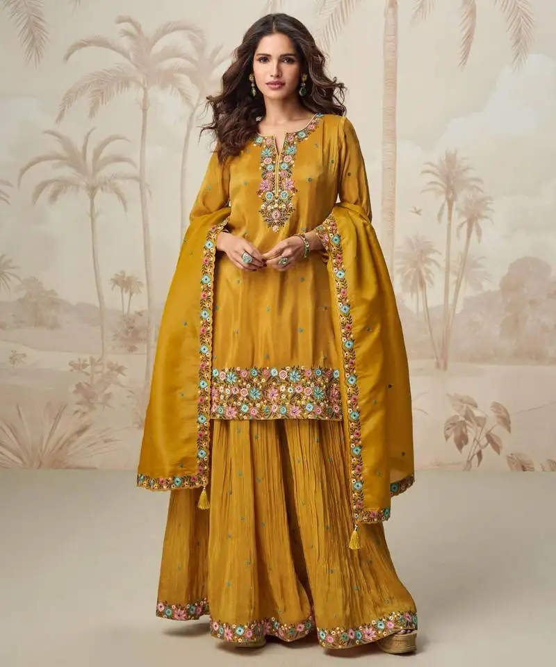 Mustard thread embroidery , stone & beads work organza silk straight palazzo - free size stitching (size upto 42") stitched