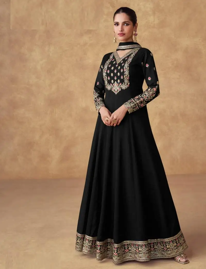 Black thread embroidery & sequins work chinon silk anarkali - free size stitching (size upto 42") stitched