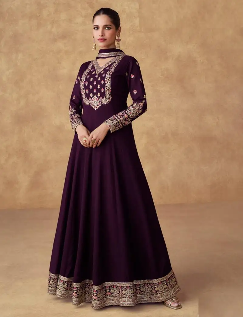 Purple thread embroidery & sequins work chinon silk anarkali - free size stitching (size upto 42") stitched