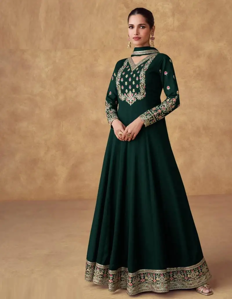 Green thread embroidery & sequins work chinon silk anarkali - free size stitching (size upto 42") stitched