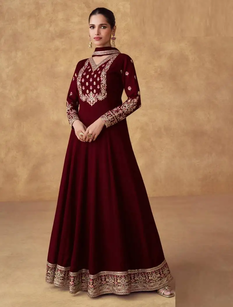 Maroon thread embroidery & sequins work chinon silk anarkali - free size stitching (size upto 42") stitched