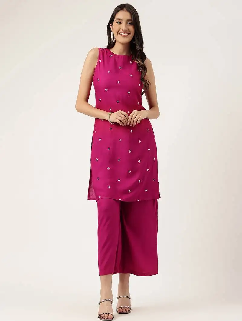 Women's embroidered rayon pink straright kurta sets