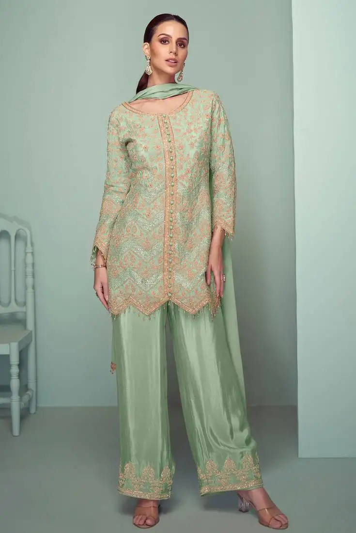 Pista green embroidery , plastic mirror & sequins work chinnon straight pant - free size stitching (size upto 42") stitched