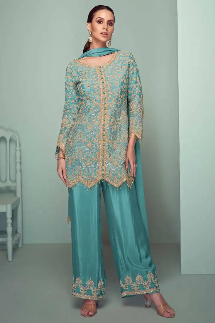 Blue embroidery , plastic mirror & sequins work chinnon straight pant - free size stitching (size upto 42") stitched