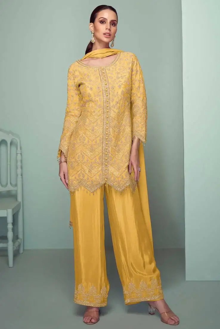 Light yellow embroidery , plastic mirror & sequins work chinnon straight pant - free size stitching (size upto 42") stitched