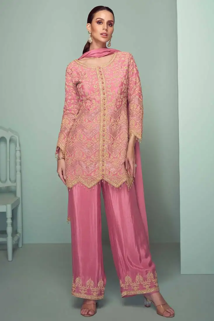 Pink embroidery , plastic mirror & sequins work chinnon straight pant - free size stitching (size upto 42") stitched
