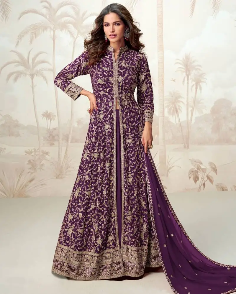 Purple zari embroidered & sequins work georgette anarkali skirt - free size stitching (size upto 42") stitched
