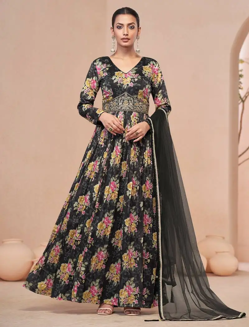 Black zari embroidery , beads, sequence work & floral printed work chinnon gown - free size stitching (size upto 42") stitched