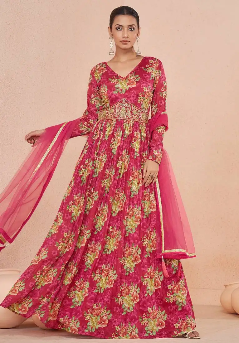 Pink zari embroidery , beads, sequence work & floral printed work chinnon gown - free size stitching (size upto 42") stitched