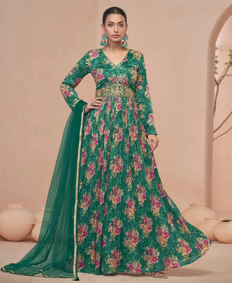 Green zari embroidery , beads, sequence work & floral printed work chinnon gown - free size stitching (size upto 42") stitched