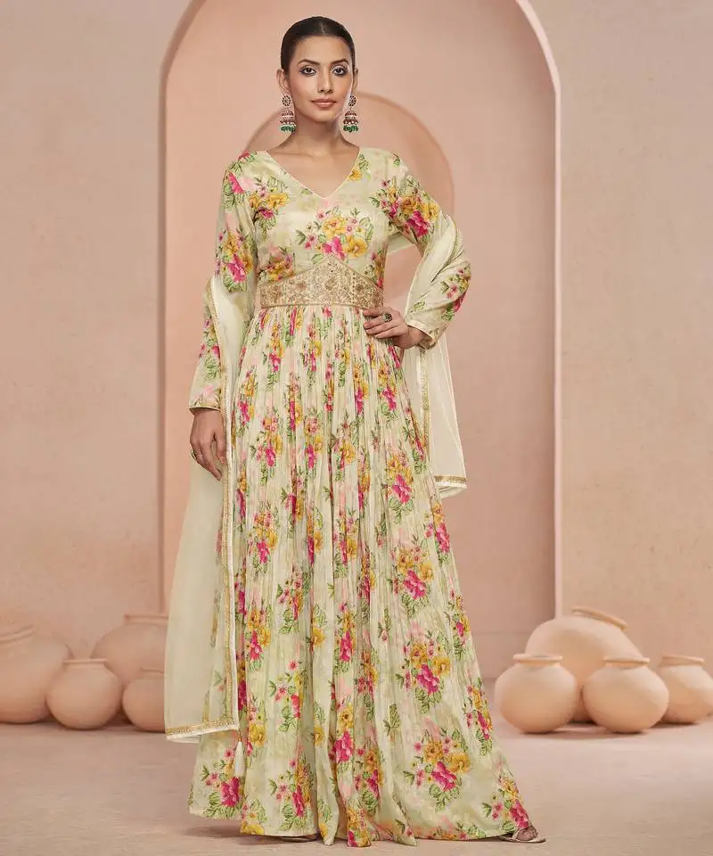 Beige zari embroidery , beads, sequence work & floral printed work chinnon gown - free size stitching (size upto 42") stitched