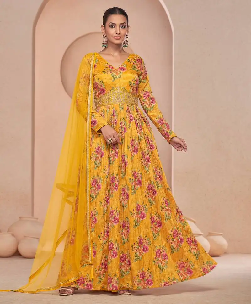 Mustard zari embroidery , beads, sequence work & floral printed work chinnon gown - free size stitching (size upto 42") stitched