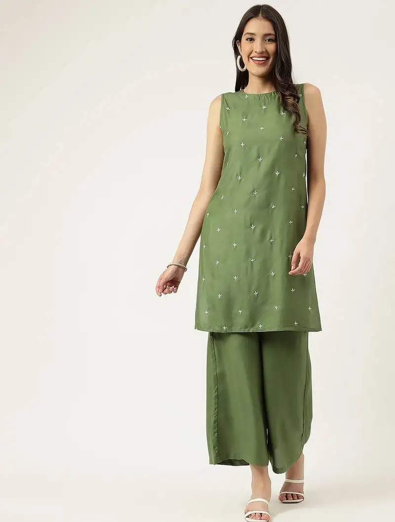 Women's embroidered rayon green straright kurta sets