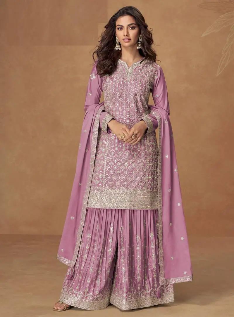 Lilac zari embroidery & sequence work chinnon silk palazzo straight - free size stitching (size upto 42") stitched