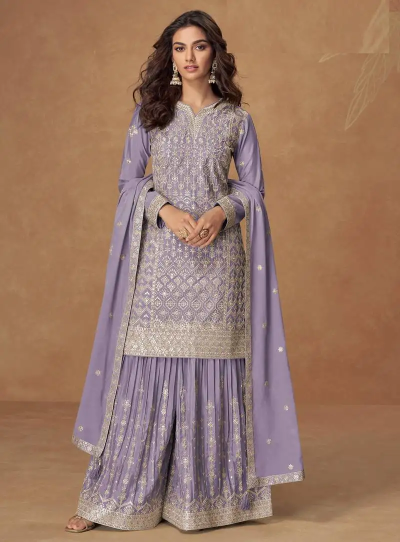 Lavender zari embroidery & sequence work chinnon silk palazzo straight - free size stitching (size upto 42") stitched