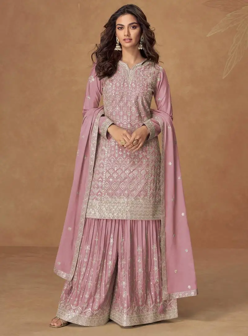 Pink zari embroidery & sequence work chinnon silk palazzo straight - free size stitching (size upto 42") stitched