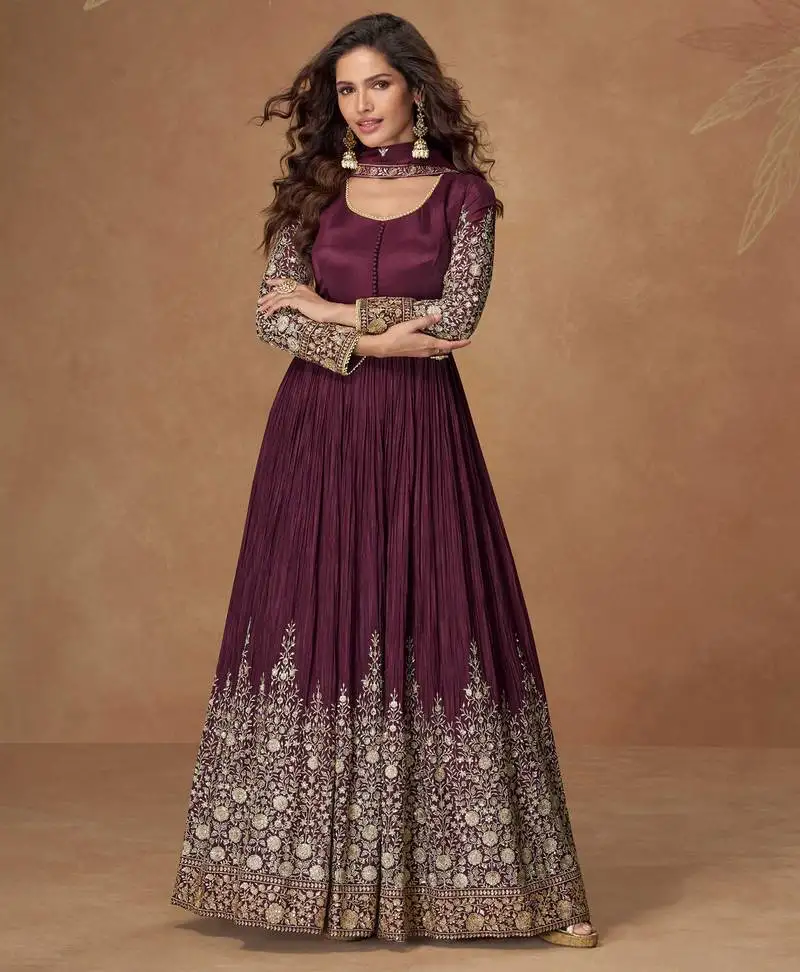Wine zari embroidery , sequins work chinnon silk gown - free size stitching (size upto 42") stitched