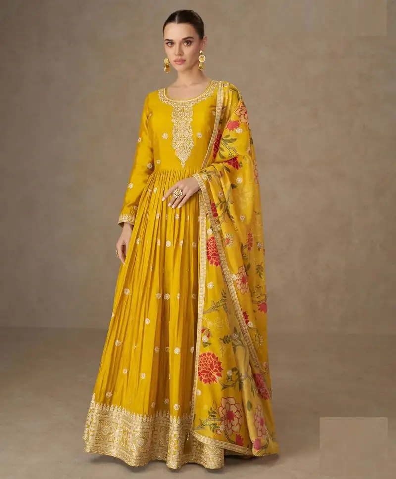 Mustard zari embroidery , sequins & dupatta printed work chinnon silk anarkali gown- free size stitching (size upto 42") stitched