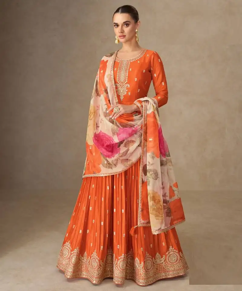 Orange zari embroidery , sequins & dupatta printed work chinnon silk anarkali gown- free size stitching (size upto 42") stitched
