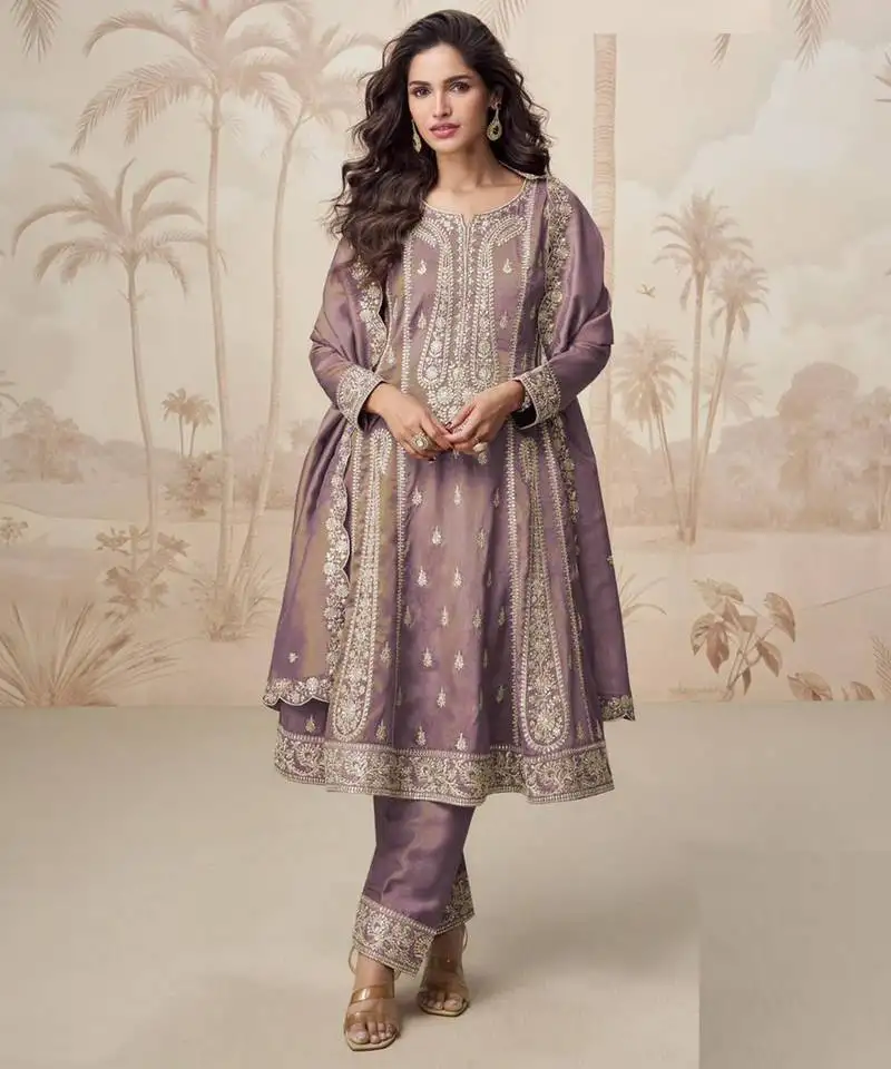 Simar mauve zari embroidery , sequins work simar silk anarkali pant- free size stitching (size upto 42") stitched