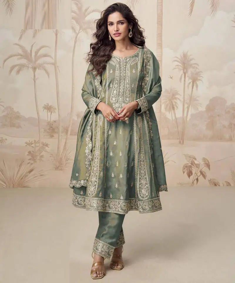 Simar green zari embroidery , sequins work simar silk anarkali pant- free size stitching (size upto 42") stitched