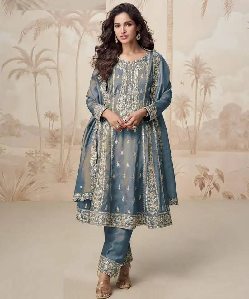 Simar blue zari embroidery , sequins work simar silk anarkali pant- free size stitching (size upto 42") stitched