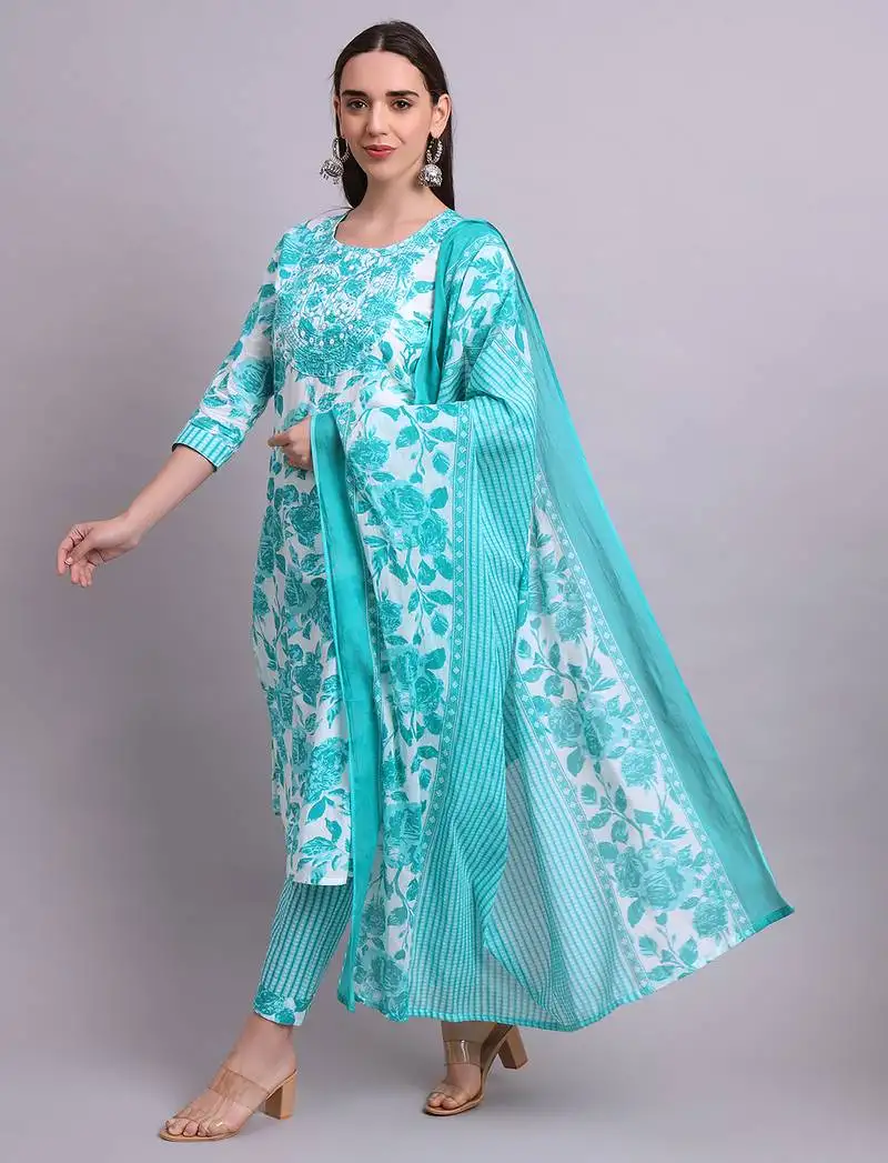 Sky blue cotton floral printed & embroidery work kurta with trousers & dupatta set