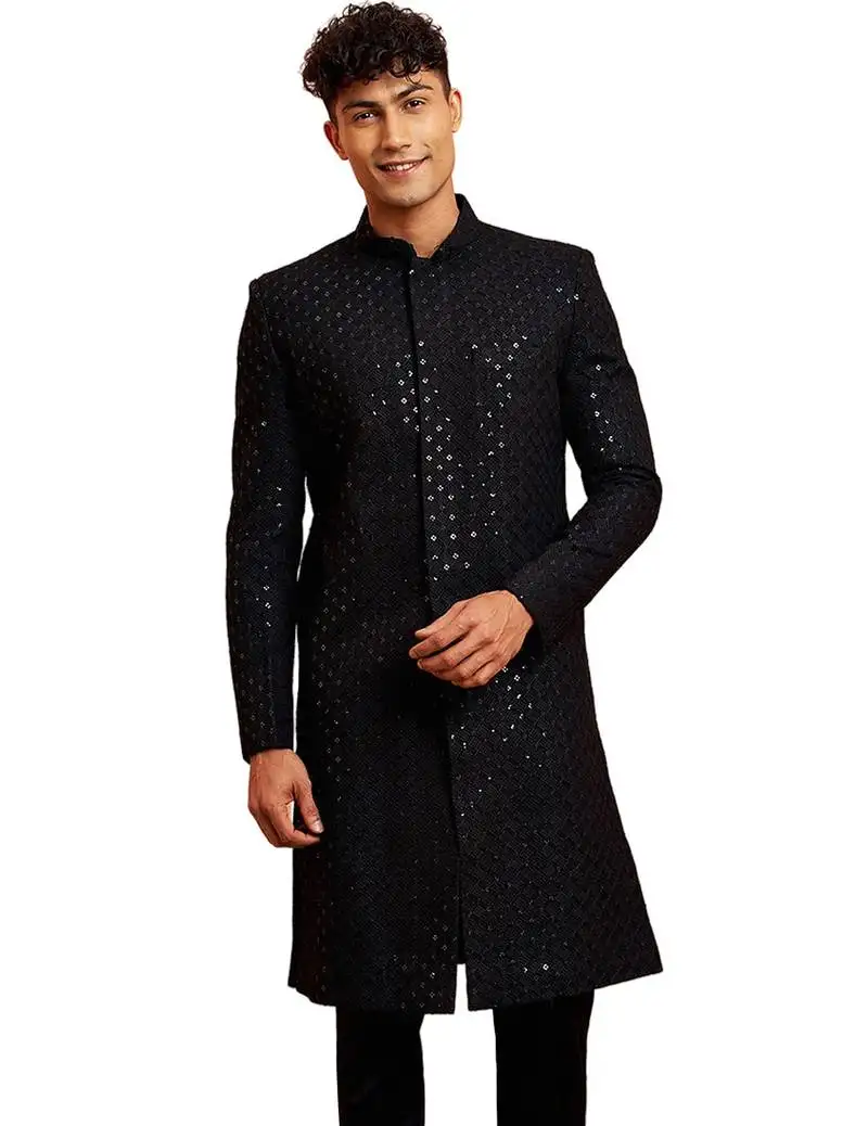 Men black rayon sherwani - sequin embroidery mandarin collar festive wedding wear