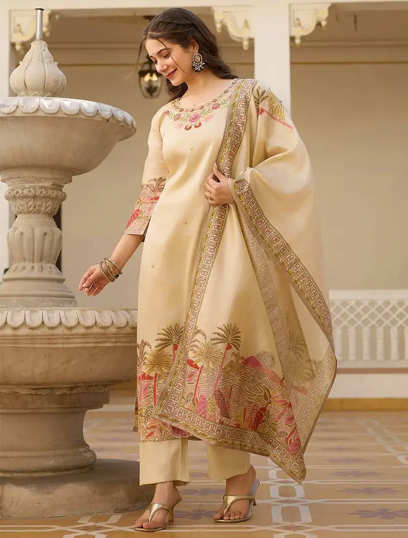Beige viscose silk thread embroidered with print & beads work kurta pant set