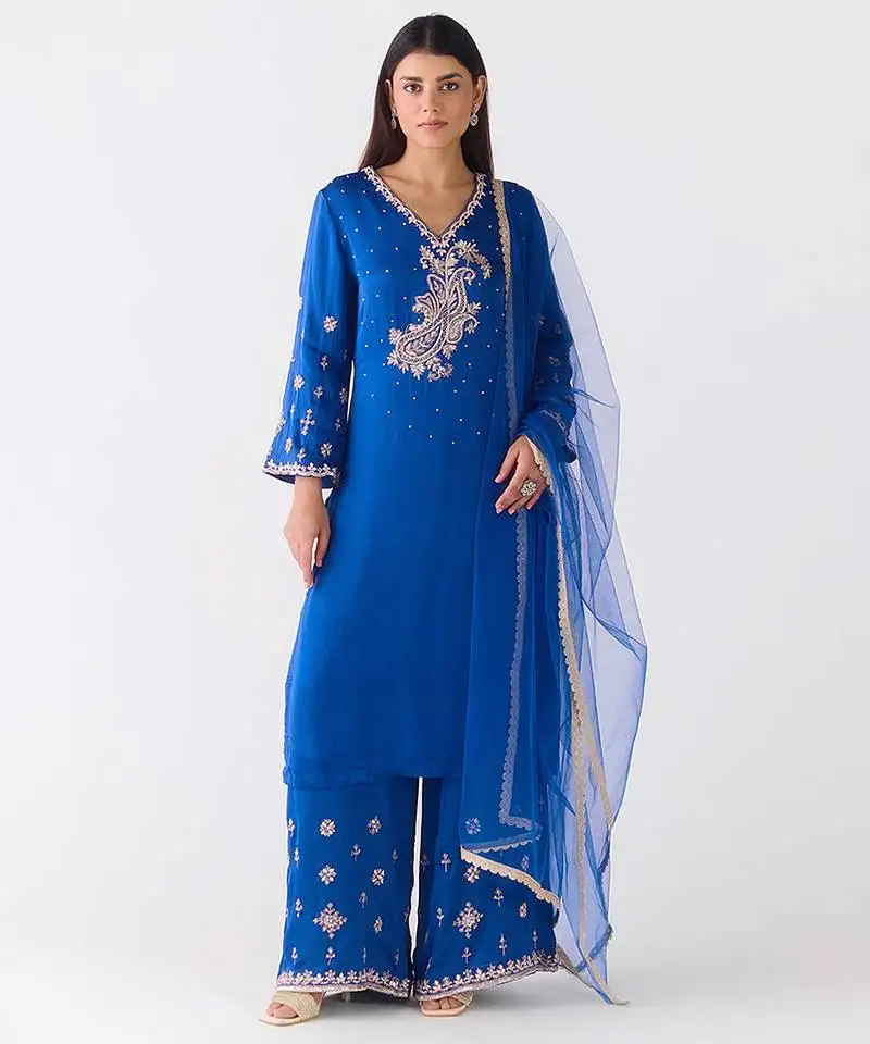 Blue embroidered organza sharara