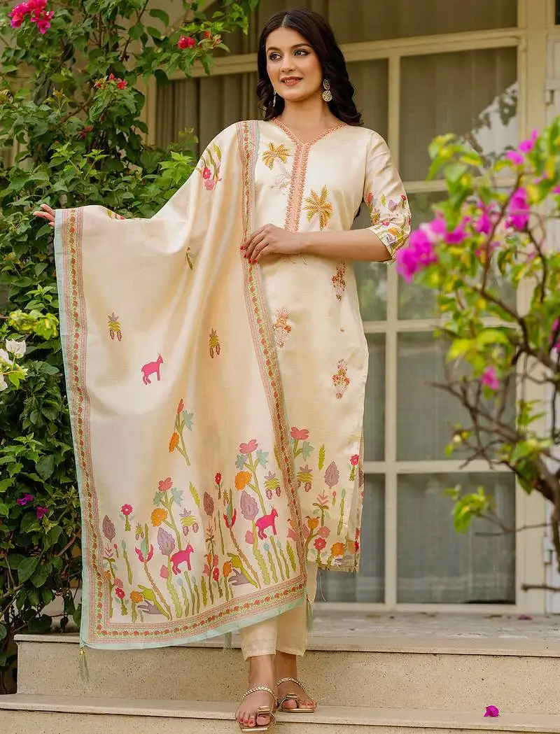 Cream viscose silk thread embroidered with print & beads work kurta pant set