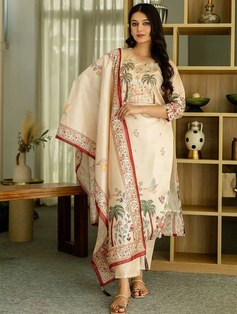 Cream vichitra silk thread embroidered with print & beads work kurta pant set