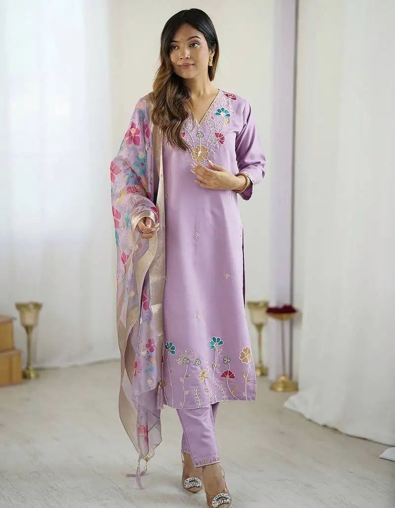Lavender viscose gadhval silk thread embroidered with beads work kurta pant set
