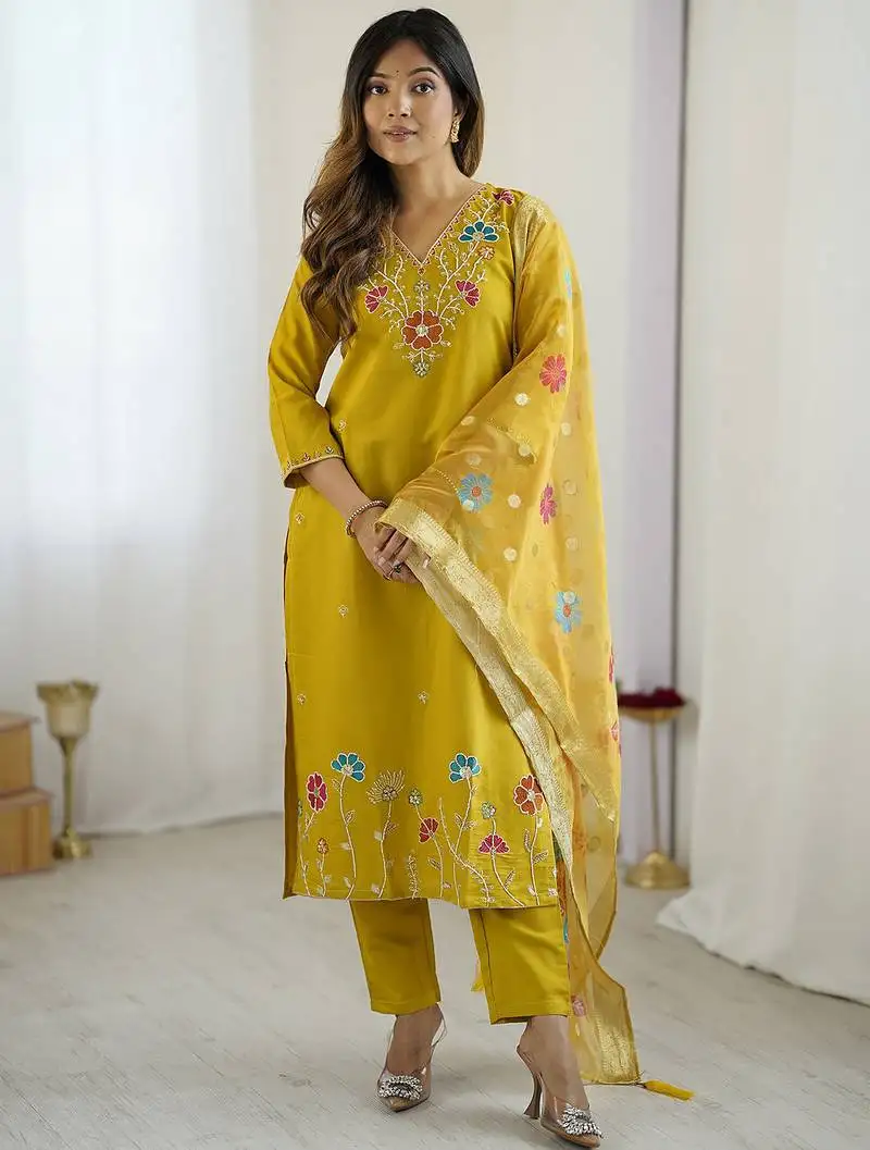 Yellow viscose gadhval silk thread embroidered with beads work kurta pant set