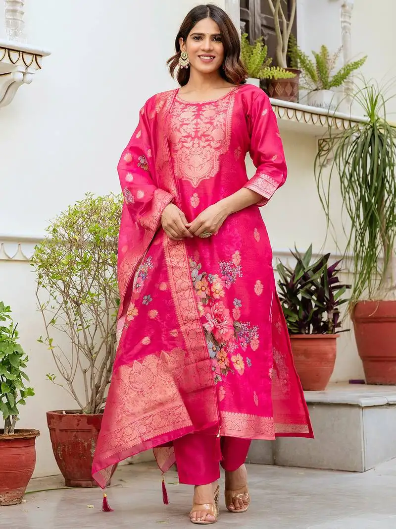 Ranipink chanderi cotton jacquard woven with digital print kurta pant set