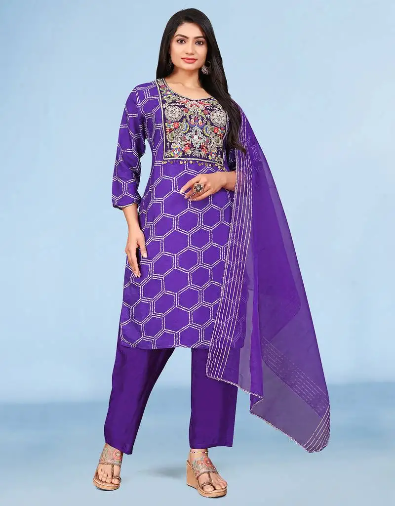 Light blue viscose print dola with handwork kurta set