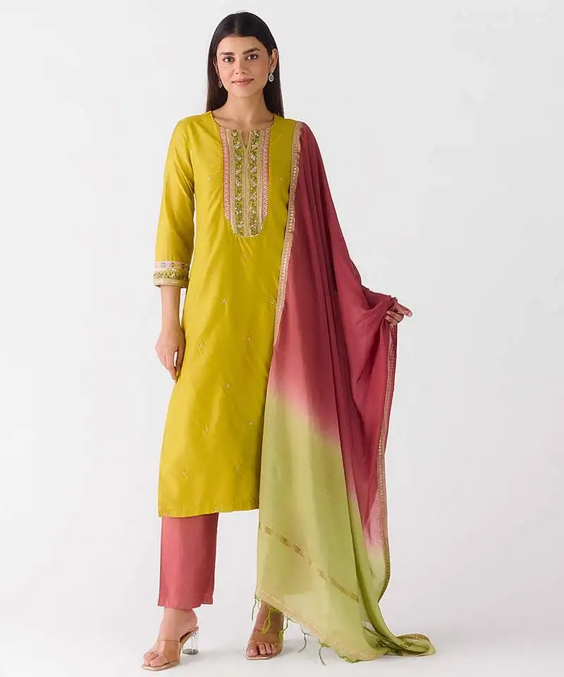 Mustard embroidered chanderi kurta set
